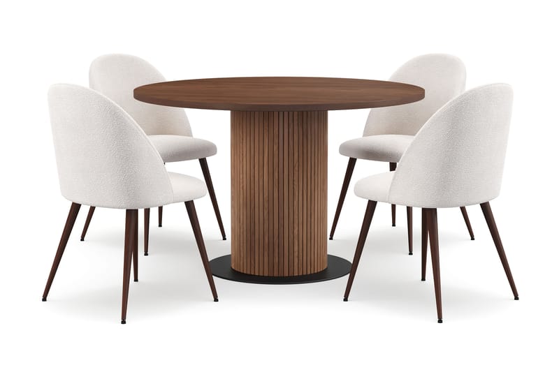 Noira Runt Litet Matbord Valnöt 120 cm med 4 Nibe Plus Matstolar, Brun / Vit Bouclé / Metallben Valnöt