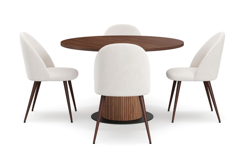 Noira Runt Litet Matbord Valnöt 120 cm med 4 Nibe Plus Matstolar - Brun / Vit Bouclé / Metallben Valnöt - Möbler - Matplats - Matgrupp & matbord med stolar
