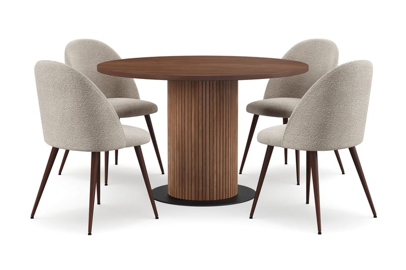 Noira Runt Litet Matbord Valnöt 120 cm med 4 Nibe Plus Matstolar, Brun / Greige Bouclé / Metallben Valnöt