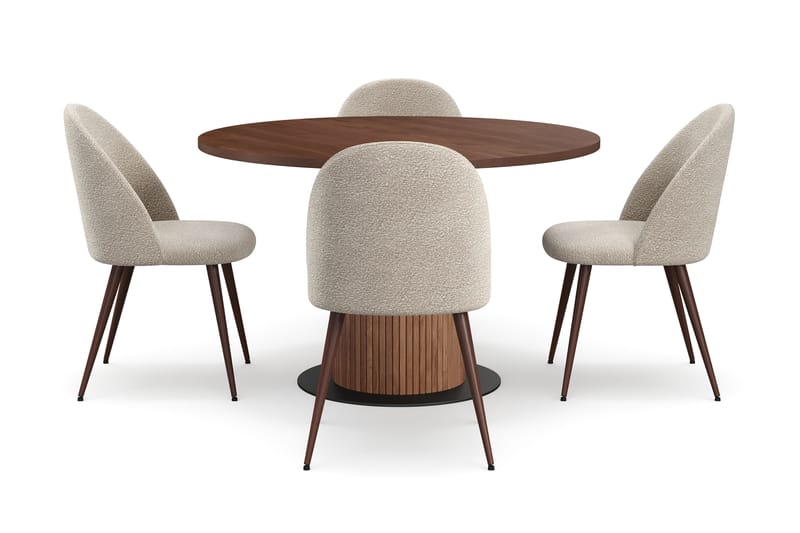 Noira Runt Litet Matbord Valnöt 120 cm med 4 Nibe Plus Matstolar - Brun / Greige Bouclé / Metallben Valnöt - Möbler - Matplats - Matgrupp & matbord med stolar