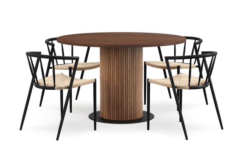 Noira Runt Litet Matbord Valnöt 120 cm med 4 Winston Matstolar, Brun / Beige / Metallben Svart