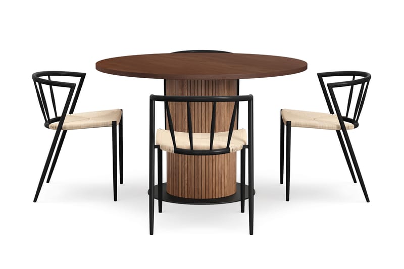 Noira Runt Litet Matbord Valnöt 120 cm med 4 Winston Matstolar - Brun / Beige / Metallben Svart - Möbler - Matplats - Matgrupp & matbord med stolar
