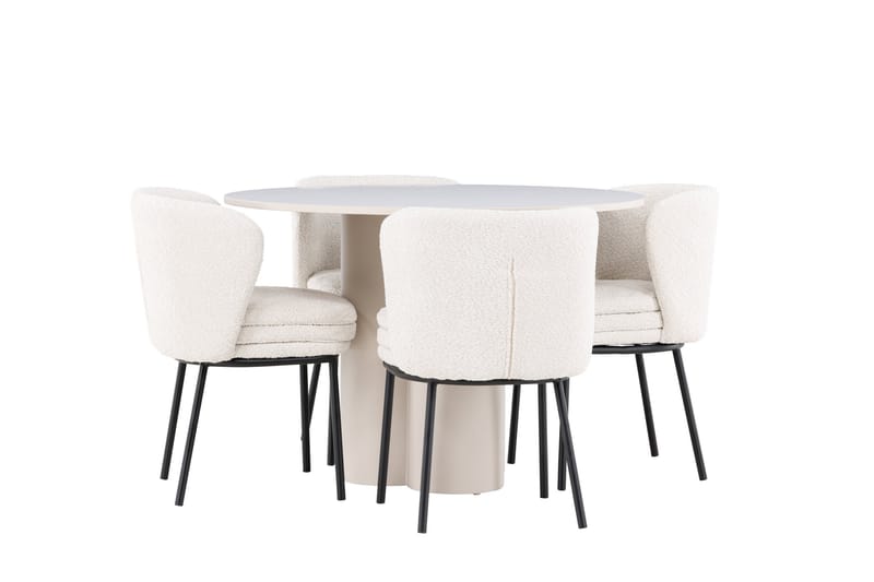 OLIVIA Matgrupp 110 cm Rund Beige med 4 Agnes stolar Vit - Möbler - Matplats - Matgrupp & matbord med stolar
