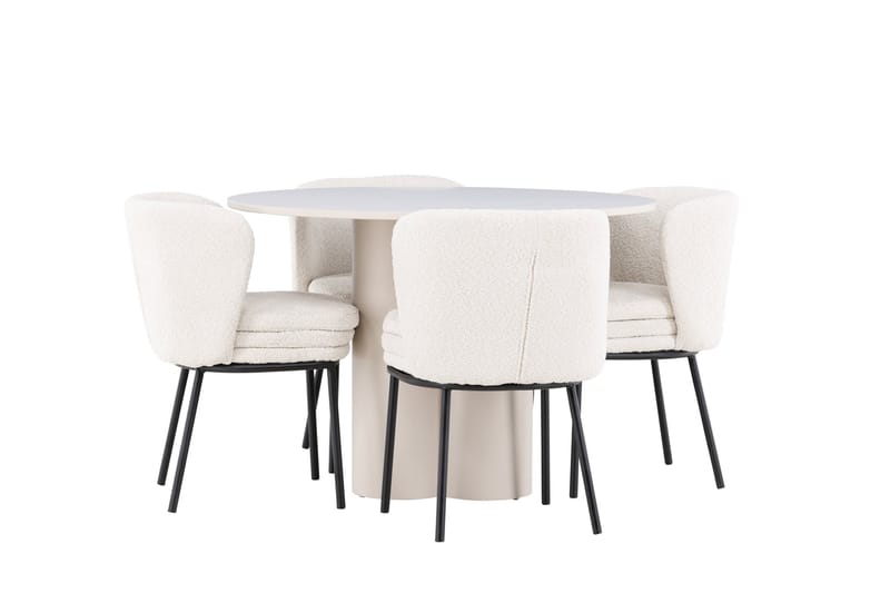 OLIVIA Matgrupp 110 cm Rund Beige med 4 Agnes stolar Vit - Möbler - Matplats - Matgrupp & matbord med stolar