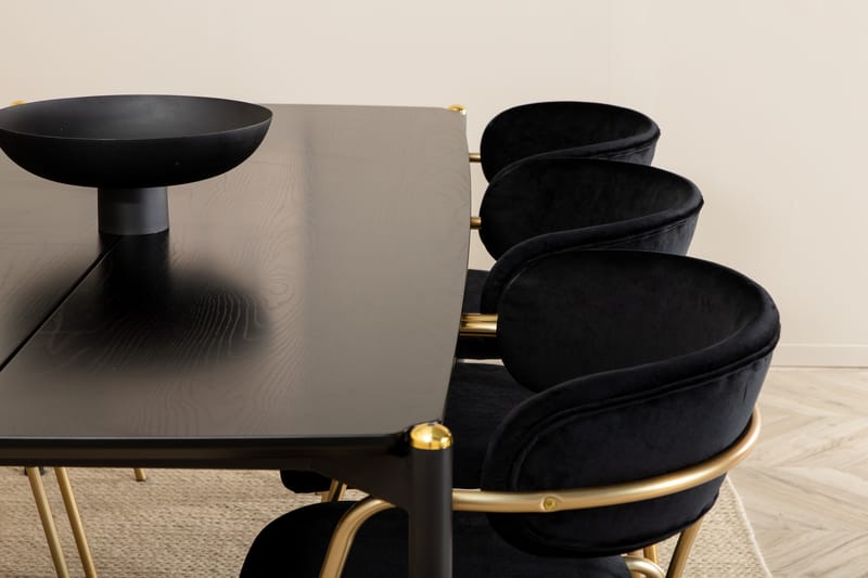PEDER Matbord 190 cm Svart + 6 BOLEA Karmstolar Mässing - Matgrupp & matbord med stolar