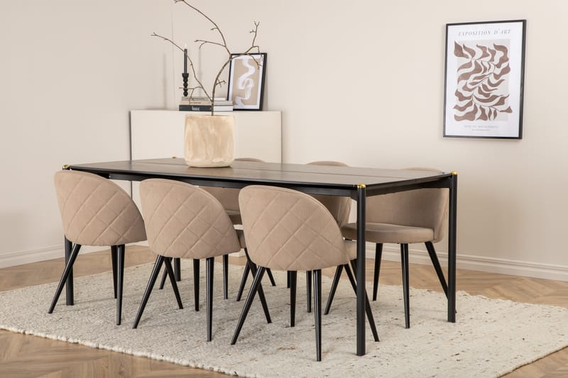 Pelle Matgrupp 190 cm Rektangulär med 6 Velvet stolar - Beige - Möbler - Matplats - Matgrupp & matbord med stolar