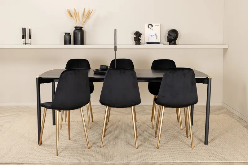 Pelle Matgrupp 190 cm Rektangulär med 6 Polar stolar, Svart/Guld