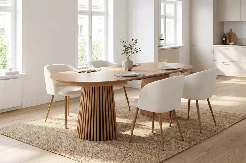 Peyra Förlängningsbart runt 120-220 cm Ek med 4 Greya Matstolar - Ek/Vit - Möbler - Matplats - Matgrupp & matbord med stolar