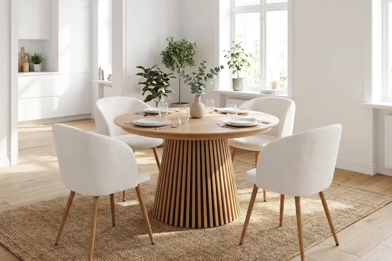 Peyra Förlängningsbart runt 120-220 cm Ek med 4 Greya Matstolar - Ek/Vit - Möbler - Matplats - Matgrupp & matbord med stolar