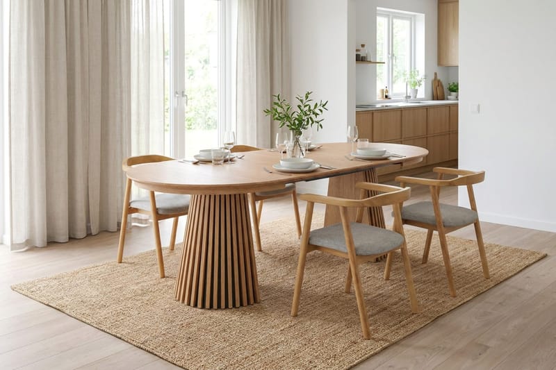 Peyra Förlängningsbart runt 120-220 cm Ek med 4 Jolie Matstolar - Ek/Beige - Möbler - Matplats - Matgrupp & matbord med stolar