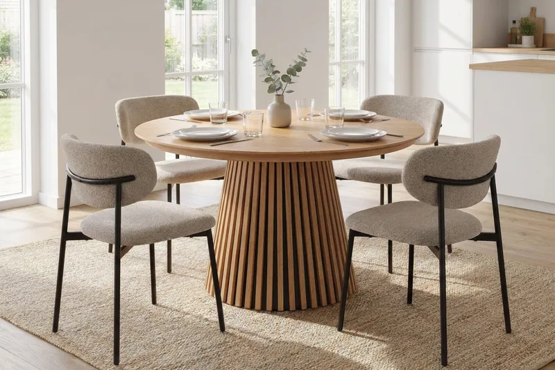 Peyra Förlängningsbart runt 120-220 cm Ek med 4 Lucy Matstolar - Ek/Greige - Möbler - Matplats - Matgrupp & matbord med stolar