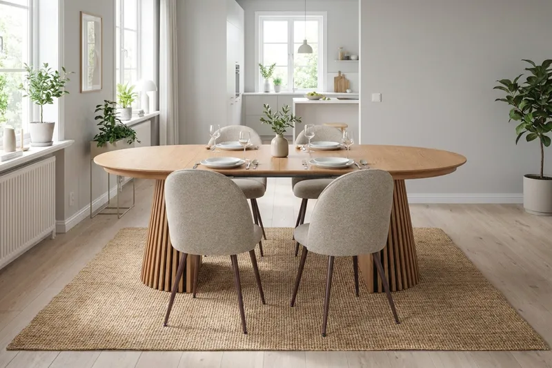 Peyra Förlängningsbart runt 120-220 cm Ek med 4 Nibe Plus Matstolar - Ek/Greige - Möbler - Matplats - Matgrupp & matbord med stolar