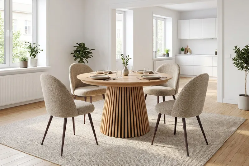 Peyra Förlängningsbart runt 120-220 cm Ek med 4 Nibe Plus Matstolar - Ek/Greige - Möbler - Matplats - Matgrupp & matbord med stolar