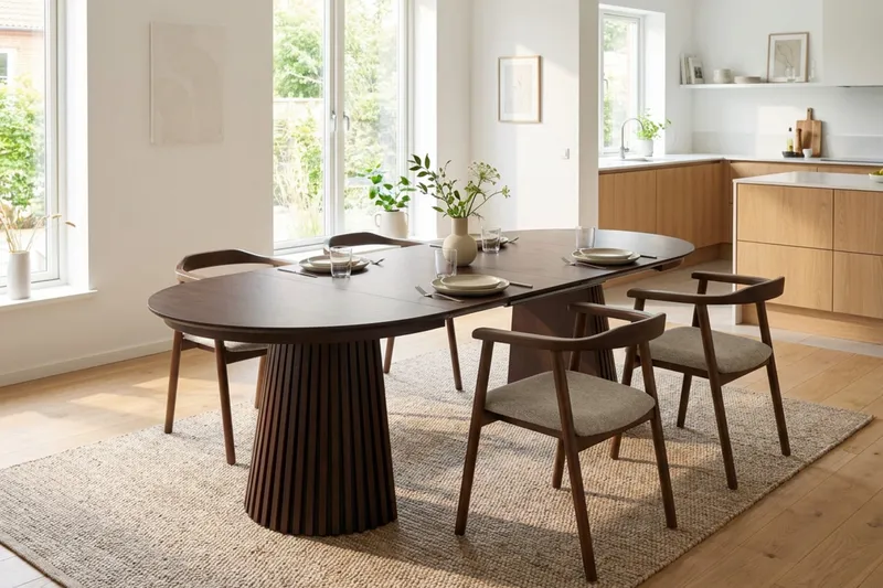 Peyra Förlängningsbart runt 120-220 cm Rökt Ek med 4 Jolie Matstolar - Rökt Ek/Beige - Möbler - Matplats - Matgrupp & matbord med stolar