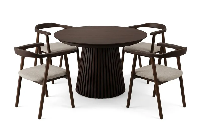 Peyra Förlängningsbart runt 120-220 cm Rökt Ek med 4 Jolie Matstolar - Rökt Ek/Beige - Möbler - Matplats - Matgrupp & matbord med stolar