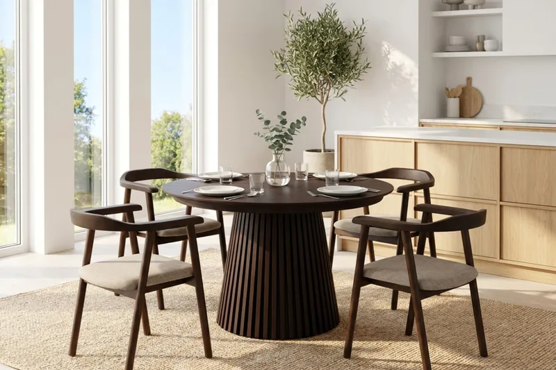 Peyra Förlängningsbart runt 120-220 cm Rökt Ek med 4 Jolie Matstolar - Rökt Ek/Beige - Möbler - Matplats - Matgrupp & matbord med stolar