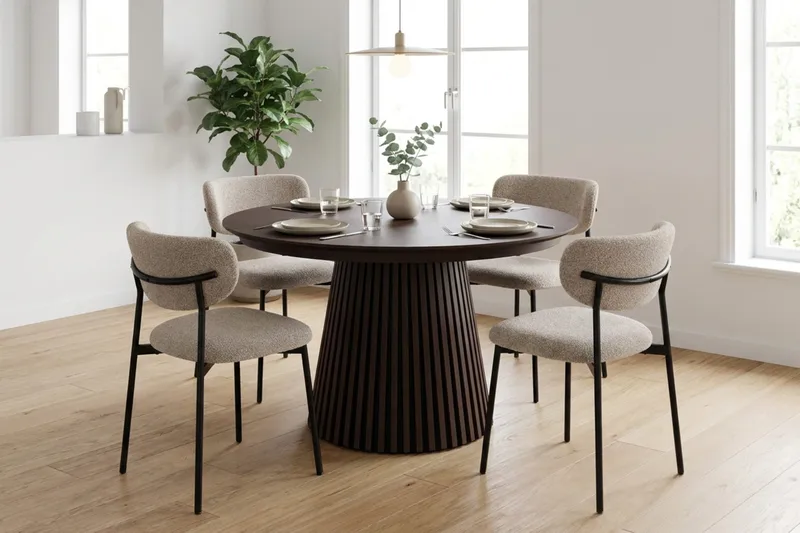 Peyra Förlängningsbart runt 120-220 cm Rökt Ek med 4 Lucy Matstolar - Rökt Ek/Greige - Möbler - Matplats - Matgrupp & matbord med stolar