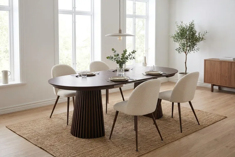 Peyra Förlängningsbart runt 120-220 cm Rökt Ek med 4 Nibe Plus Matstolar - Rökt Ek/Vit - Möbler - Matplats - Matgrupp & matbord med stolar