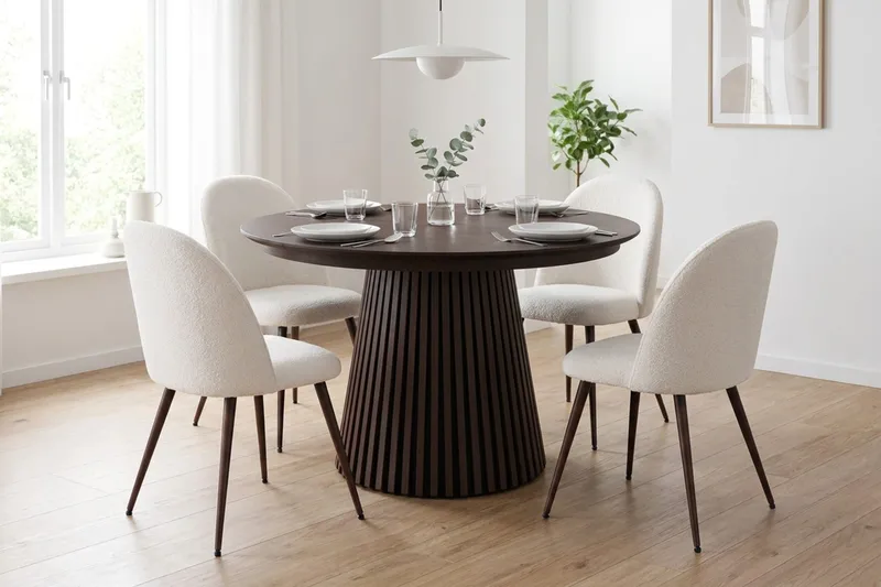 Peyra Förlängningsbart runt 120-220 cm Rökt Ek med 4 Nibe Plus Matstolar - Rökt Ek/Vit - Möbler - Matplats - Matgrupp & matbord med stolar