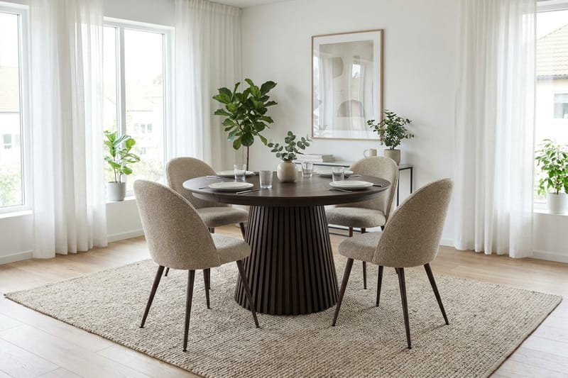 Peyra Förlängningsbart runt 120-220 cm Rökt Ek med 4 Nibe Plus Matstolar - Rökt ek - Möbler - Matplats - Matgrupp & matbord med stolar