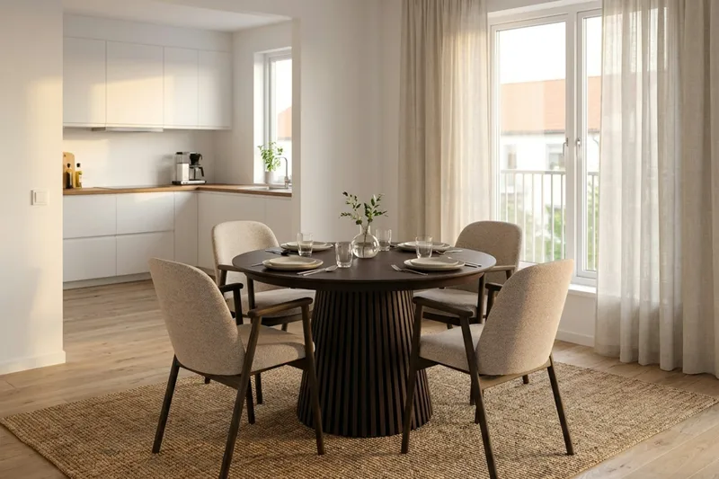 Peyra Förlängningsbart runt 120-220 cm Rökt Ek med 4 Reciclar Matstolar - Rökt Ek/Greige - Möbler - Matplats - Matgrupp & matbord med stolar