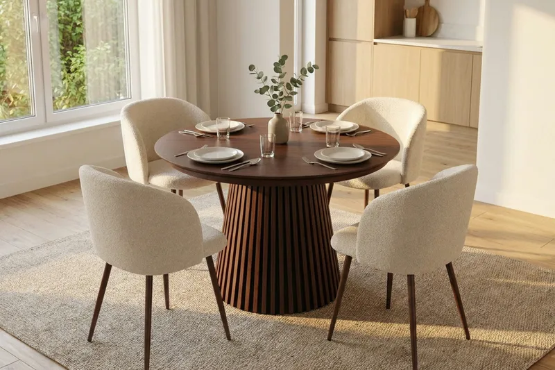 Peyra Förlängningsbart runt 120-220 cm Valnöt med 4 Greya Matstolar - Valnöt/Vit - Möbler - Matplats - Matgrupp & matbord med stolar