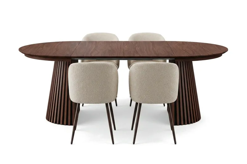 Peyra Förlängningsbart runt 120-220 cm Valnöt med 4 Greya Matstolar - Valnöt/Vit - Möbler - Matplats - Matgrupp & matbord med stolar