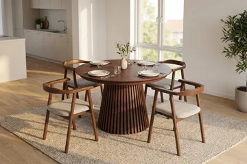Peyra Förlängningsbart runt 120-220 cm Valnöt med 4 Jolie Matstolar - Valnöt - Möbler - Matplats - Matgrupp & matbord med stolar