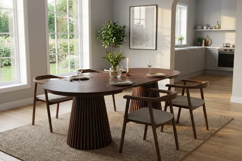 Peyra Förlängningsbart runt 120-220 cm Valnöt med 4 Jolie Matstolar - Valnöt/Valnöt - Möbler - Matplats - Matgrupp & matbord med stolar
