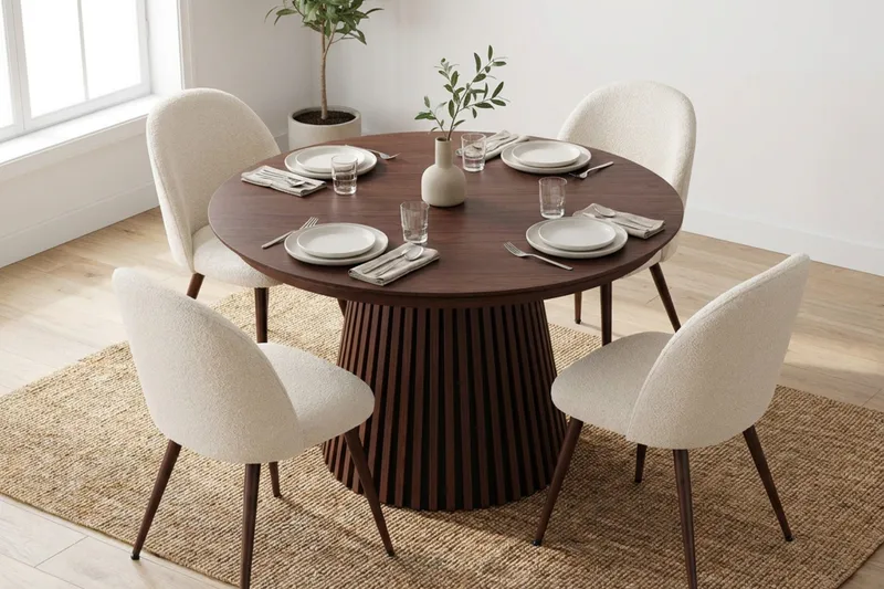 Peyra Förlängningsbart runt 120-220 cm Valnöt med 4 Nibe Plus Matstolar - Valnöt/Vit - Möbler - Matplats - Matgrupp & matbord med stolar