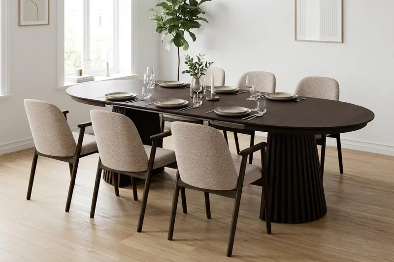 Peyra Förlängningsbart runt Matbord 120-220 cm Rökt Ek med 6 Reciclar Matstolar - Brun - Möbler - Matplats - Matgrupp & matbord med stolar