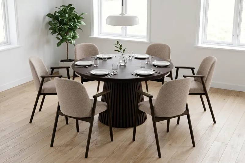 Peyra Förlängningsbart runt Matbord 120-220 cm Rökt Ek med 6 Reciclar Matstolar - Brun - Möbler - Matplats - Matgrupp & matbord med stolar