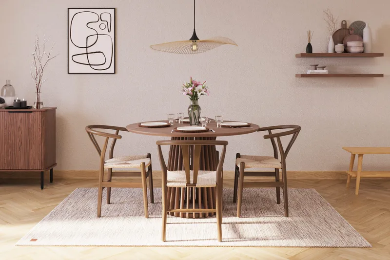 Peyra Matgrupp 120 cm Rund med 4 Dastoori Matstolar - Valnöt / Brun / Beige - Möbler - Matplats - Matgrupp & matbord med stolar