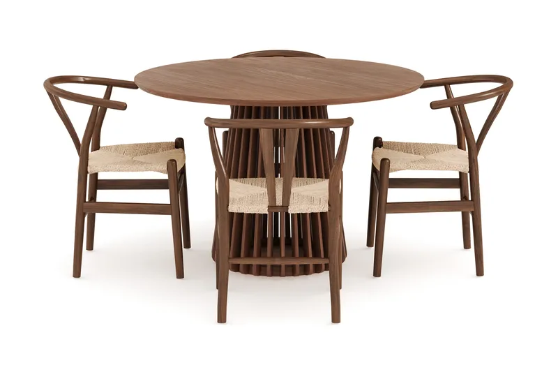 Peyra Matgrupp 120 cm Rund med 4 Dastoori Matstolar - Valnöt / Brun / Beige - Möbler - Matplats - Matgrupp & matbord med stolar