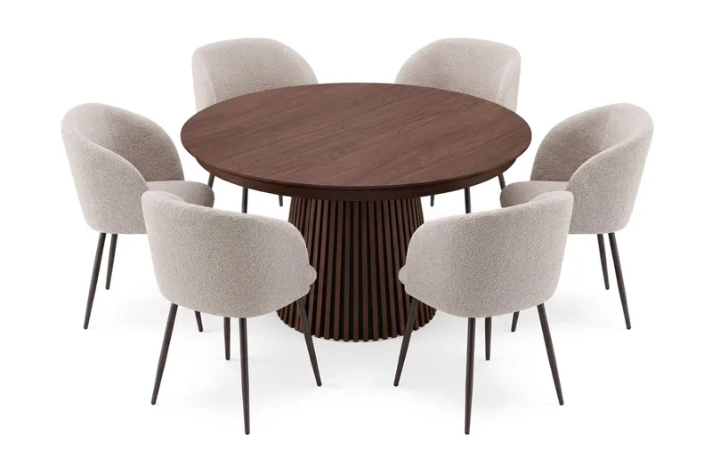 Peyra Matgrupp 140-240 cm förlängningsbart med 6 Greya Mastolar - Valnöt - Möbler - Matplats - Matgrupp & matbord med stolar