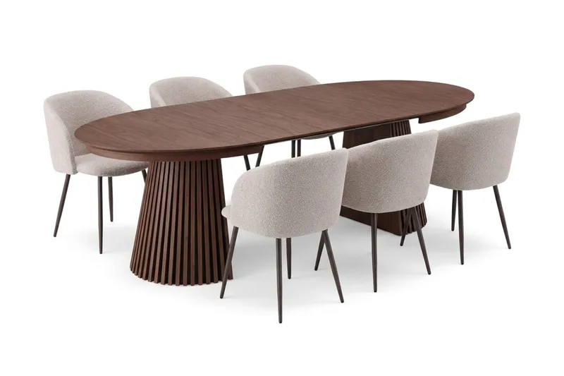 Peyra Matgrupp 140-240 cm förlängningsbart med 6 Greya Mastolar - Valnöt - Möbler - Matplats - Matgrupp & matbord med stolar