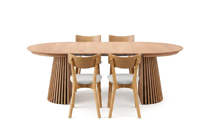 Peyra Matgrupp Förlängningsbart runt 120-220 cm i Ek med 4 Amelia Matstolar med Dyna - Ek/Beige - Möbler - Matplats - Matgrupp & matbord med stolar