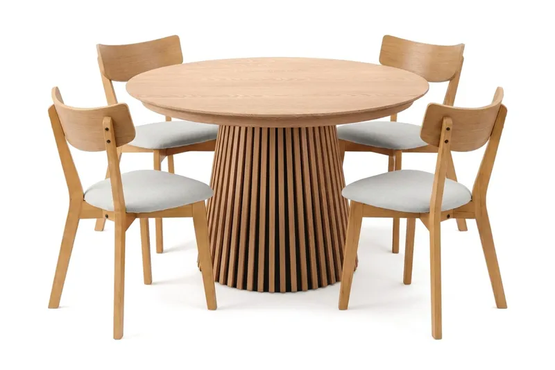 Peyra Matgrupp Förlängningsbart runt 120-220 cm i Ek med 4 Amelia Matstolar med Dyna - Ek/Beige - Möbler - Matplats - Matgrupp & matbord med stolar