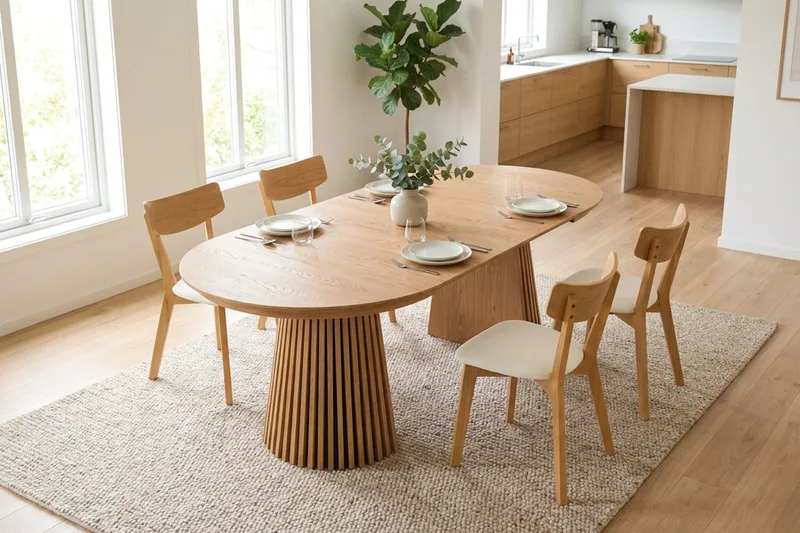 Peyra Matgrupp Förlängningsbart runt 120-220 cm i Ek med 4 Amelia Matstolar med Dyna - Ek/Beige - Möbler - Matplats - Matgrupp & matbord med stolar