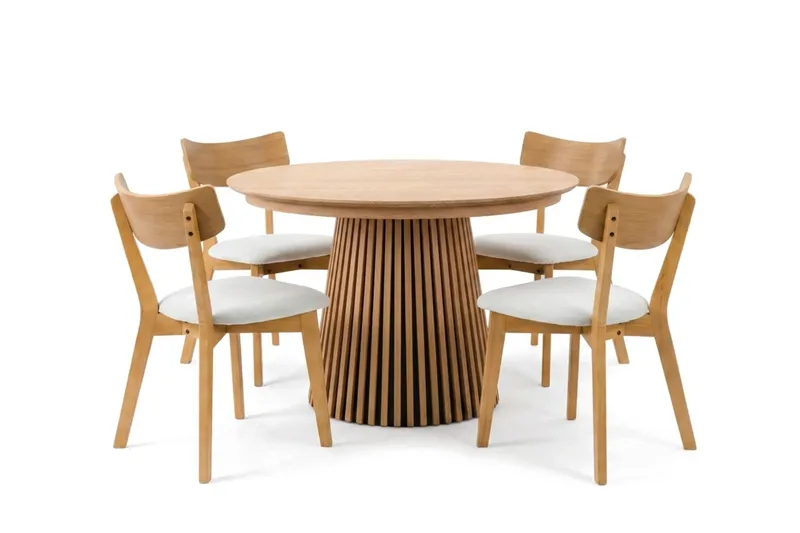 Peyra Matgrupp Förlängningsbart runt 120-220 cm i Ek med 4 Amelia Matstolar med Dyna, Ek/Beige