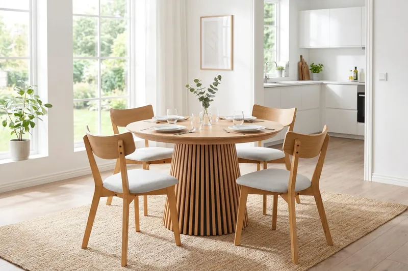Peyra Matgrupp Förlängningsbart runt 120-220 cm i Ek med 4 Amelia Matstolar med Dyna - Ek/Beige - Möbler - Matplats - Matgrupp & matbord med stolar