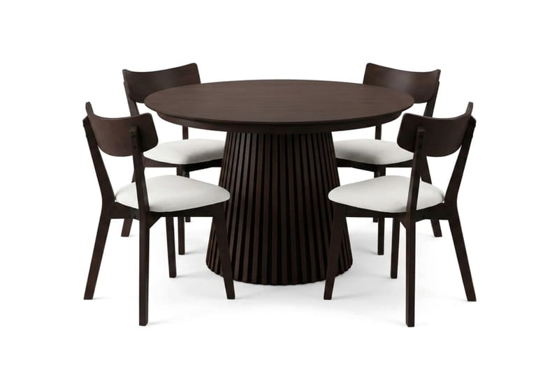 Peyra Matgrupp Förlängningsbart runt 120-220 cm i Rökt Ek med 4 Amelia Matstolar med Dyna - Rökt Ek/Beige - Möbler - Matplats - Matgrupp & matbord med stolar