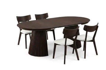 Peyra Matgrupp Förlängningsbart runt 120-220 cm i Rökt Ek med 4 Amelia Matstolar med Dyna - Rökt Ek/Beige - Möbler - Matplats - Matgrupp & matbord med stolar