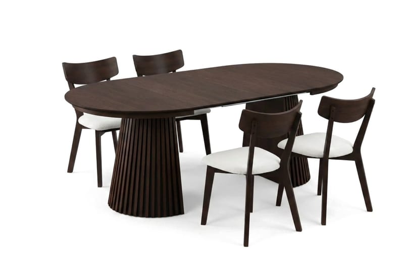 Peyra Matgrupp Förlängningsbart runt 120-220 cm i Rökt Ek med 4 Amelia Matstolar med Dyna - Rökt Ek/Beige - Möbler - Matplats - Matgrupp & matbord med stolar