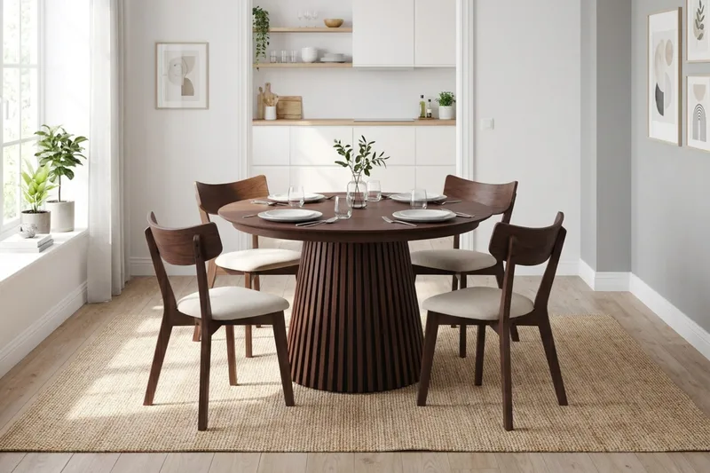 Peyra Matgrupp Förlängningsbart runt 120-220 cm i Valnöt med 4 Amelia Matstolar med Dyna - Valnöt/Beige - Möbler - Matplats - Matgrupp & matbord med stolar