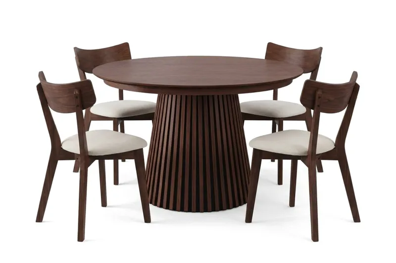 Peyra Matgrupp Förlängningsbart runt 120-220 cm i Valnöt med 4 Amelia Matstolar med Dyna - Valnöt/Beige - Möbler - Matplats - Matgrupp & matbord med stolar