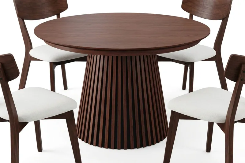 Peyra Matgrupp Förlängningsbart runt 120-220 cm i Valnöt med 4 Amelia Matstolar med Dyna - Valnöt/Beige - Möbler - Matplats - Matgrupp & matbord med stolar