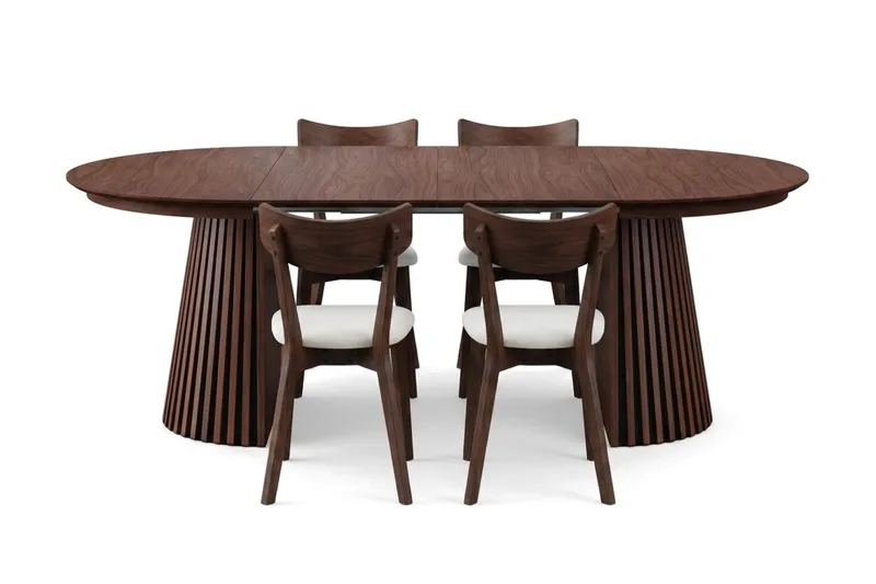 Peyra Matgrupp Förlängningsbart runt 120-220 cm i Valnöt med 4 Amelia Matstolar med Dyna - Valnöt/Beige - Möbler - Matplats - Matgrupp & matbord med stolar