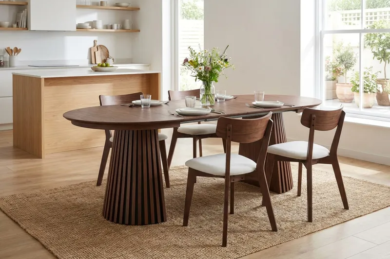 Peyra Matgrupp Förlängningsbart runt 120-220 cm i Valnöt med 4 Amelia Matstolar med Dyna - Valnöt/Beige - Möbler - Matplats - Matgrupp & matbord med stolar