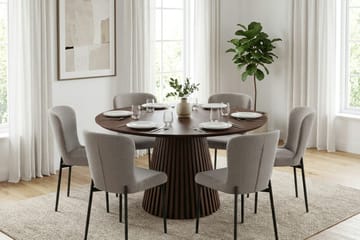 Peyra Matgrupp runt 130 cm Valnöt med 6 Elsie Matstolar - Valnöt/Grå - Möbler - Matplats - Matgrupp & matbord med stolar
